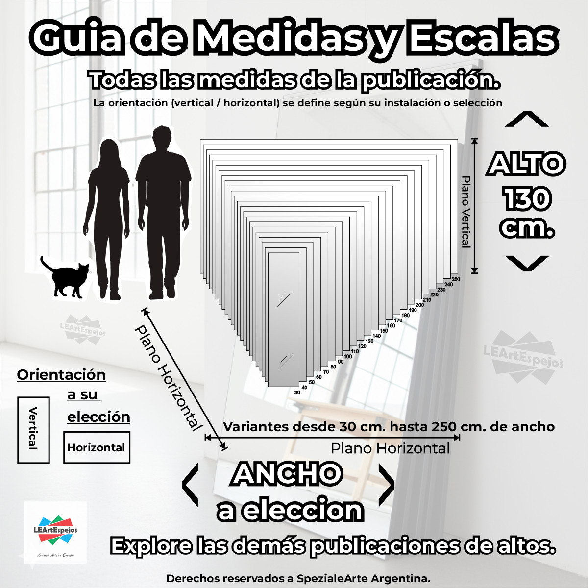 LEArtEspejos - Medidas y Escalas - 130cm Espejo Cuerpo Entero - Ancho a Elección x 130 cm de Alto - COLGAR con Soportes