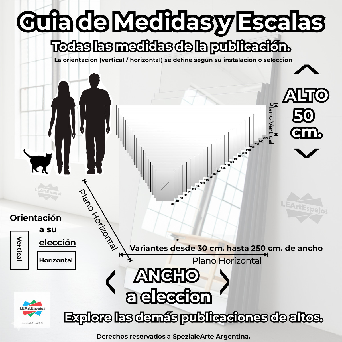 LEArtEspejos - Medidas y Escalas - 50cm Espejo para Baño - Ancho a Elección x 50 cm de Alto - PEGAR con Silicona