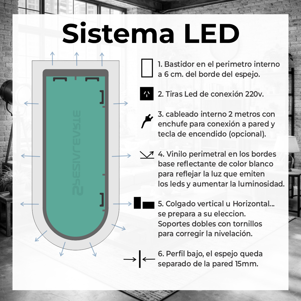 Espejo LED 80 x 105 cm. Bullet Colgar (con o sin marco de pvc).