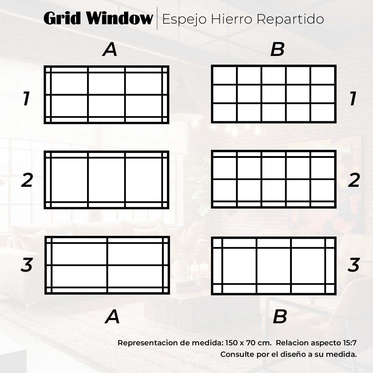 Espejo Grid Window 150 x 70 cm. Hierro Repartido Colgar Horizontal