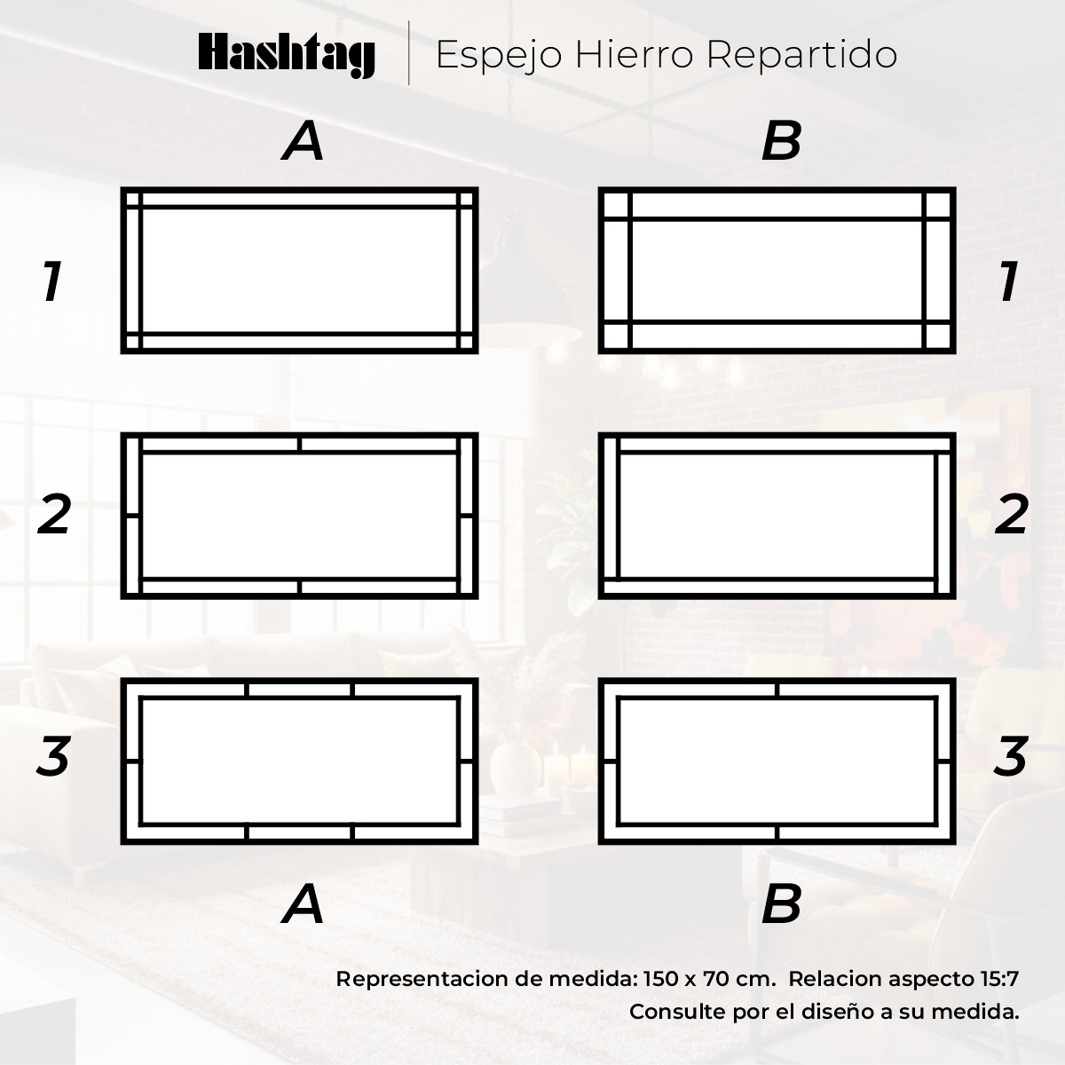 Espejo Hashtag 150 x 70 cm. Hierro Repartido Colgar Horizontal